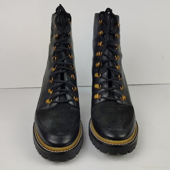 Tory Burch Miller 95mm Lug Sole Lace Up Bootie Black Hiking Boot Size 9.5 - Picture 4 of 14